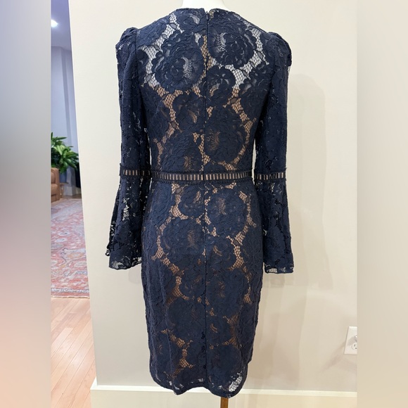 Tadashi Shoji Bishop Sleeve Navy Lace Long Sleeve Cocktail Dress - Picture 5 of 7